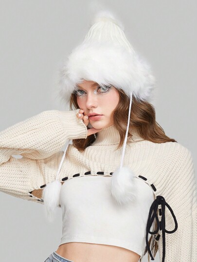 Kawaii Frauen 1 Stück Mütze Pompons Dekor, flaumig Besatz