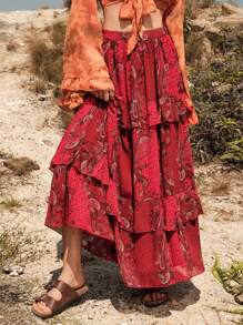 Bohemela 佩斯利印花荷葉邊半身裙 - 紅色 - 查看 1