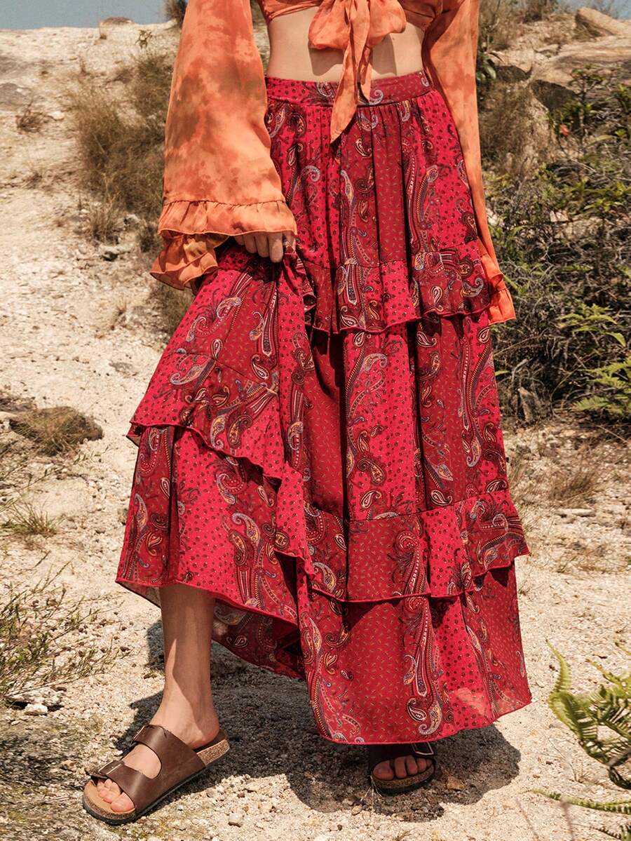 Bohemela 佩斯利印花荷葉邊半身裙 - 紅色 - 查看 1