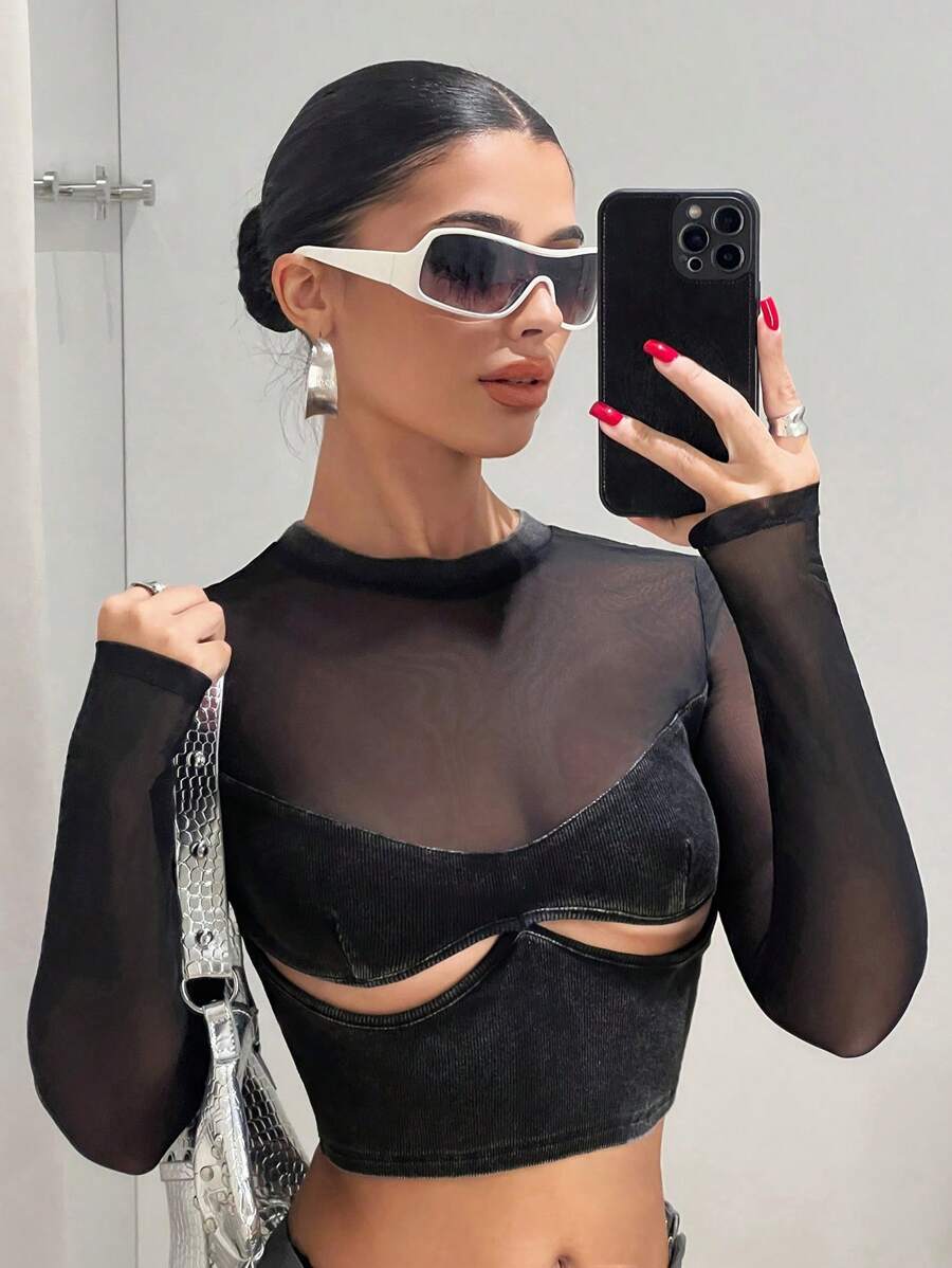 SHEIN ICON Women's Contrast Mesh & Hollow Out Blouse - Black - View 1