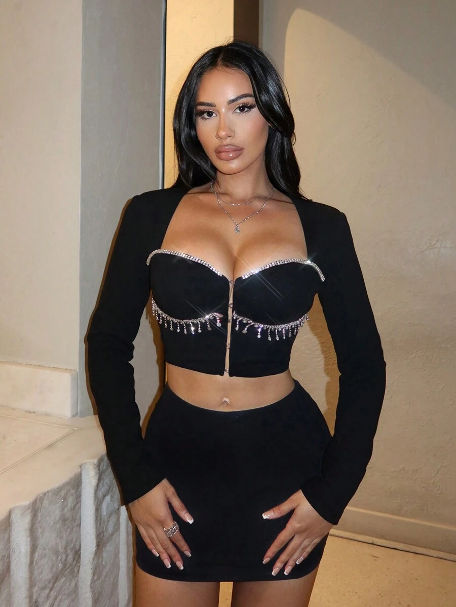 SHEIN SXY Rhinestone Detail Hook And Eye Crop Jacket - Black - View 1