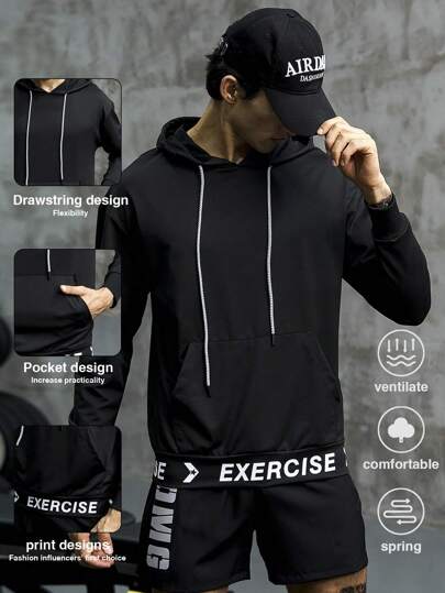 Manfinity Sport Corelite Áo nỉ thể thao nam in chữ, có túi kangaroo và dây rút.