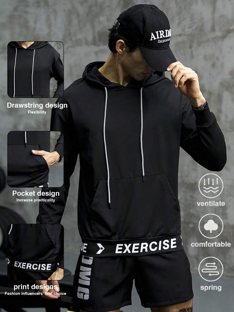 Men Letter Graphic Kangaroo Pocket Drawstring Sports Sweatshirt Men Sweatshirt