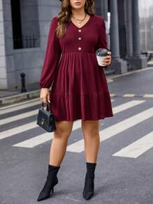 Calvaya Talla grande Vestido tejido de canalé de manga farol bajo con fruncido - Caqui - Ver 6