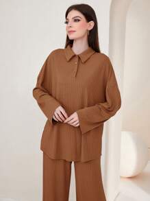 Mulvari Cổ Polo Thả vai Áo thun & Quần - Cà phê nâu - Xem 3