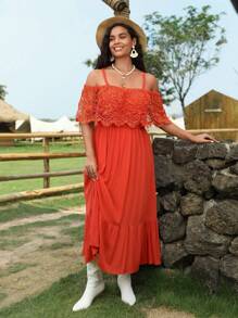 SHEIN VCAY Hơn Vai lạnh Chèn ren Guipure Xù Hoa Sen Đầm - Gỗ đỏ - Xem 6