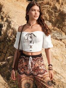 Bohemela Off Shoulder Lace Up Front Puff Sleeve Crop Top - White - View 7