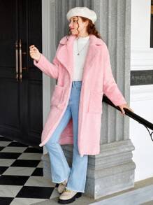青少年女孩西裝領雙口袋絨毛外套 - 粉色 - 查看 5