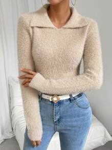SHEIN Unity Solid Fuzzy Knit Pullover Fall Winter Sweater - Khaki - View 4