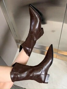 女性小腿中部平底靴帶尖頭和方跟,製成的PU皮革 - 棕色 - 查看 4