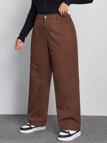 SHEIN ICON Plus High Waist Straight Leg Jeans - Coffee Brown - View 5