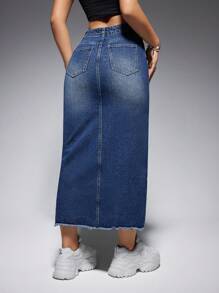 SHEIN EZwear 高腰毛邊牛仔半身裙 - 深色水洗藍 - 查看 2