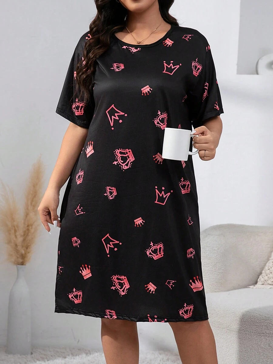 Plus Crown Print Pajama Nightdress - Black - View 1