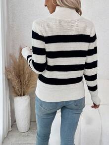 SHEIN LUNE Striped Pattern High Neck Button Detail Raglan Sleeve Sweater - Black and White - View 2
