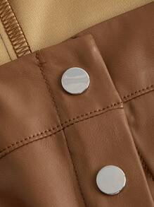 SHEINNeu 前鏤空PU皮革短款上衣 - 棕色 - 查看 4