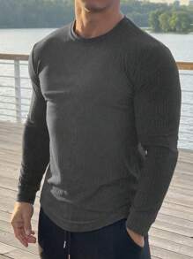Nam Chất rắn Đồ đan Ribbed Áo thun - Xám - Xem 4