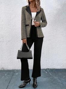 SHEIN Clasi Hoa văn kẻ sọc Viền tương phản Cổ áo Nút đơn Tweed Áo vest - Nhiều màu - Xem 6