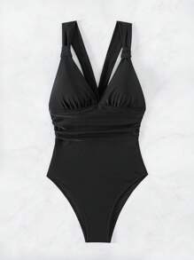 SHEIN Swim Women's One Piece Swimsuit With Ruched Design Black Bathing Suit - Black - View 6