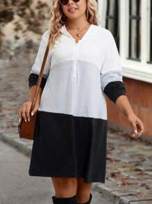 SHEIN LUNE Hơn Khối màu Một nửa khóa kéo Đầm có mũ - Đen và trắng - Xem 1