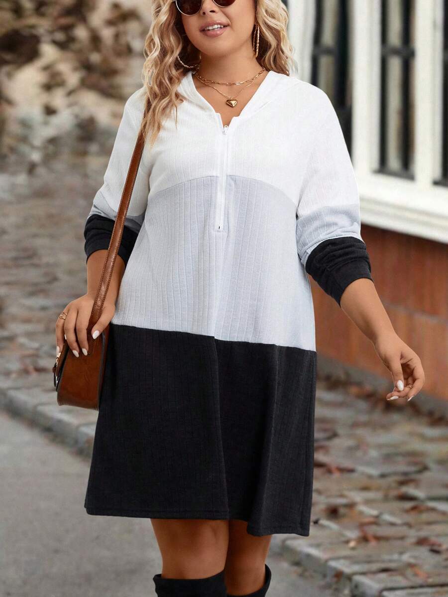 SHEIN LUNE Hơn Khối màu Một nửa khóa kéo Đầm có mũ - Đen và trắng - Xem 1