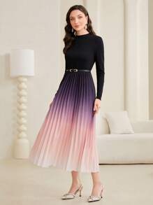 Modelyn 渐变色褶皱下摆连衣裙（配腰带）女士优雅褶皱长袖立领修身长款黑色常规袖渐变色 A 字型女式长裙春季/秋季休闲日常穿着超长女装长款晚礼服 - 黑色 - 查看 5