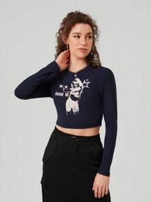 SHEIN EZwear Camiseta Corta Impresa Con Dibujos Animados De Personajes - Azul Marino - Ver 5