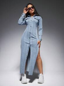 SHEIN EZwear Flap Pocket Split Thigh Denim Dress - Medium Wash - View 4