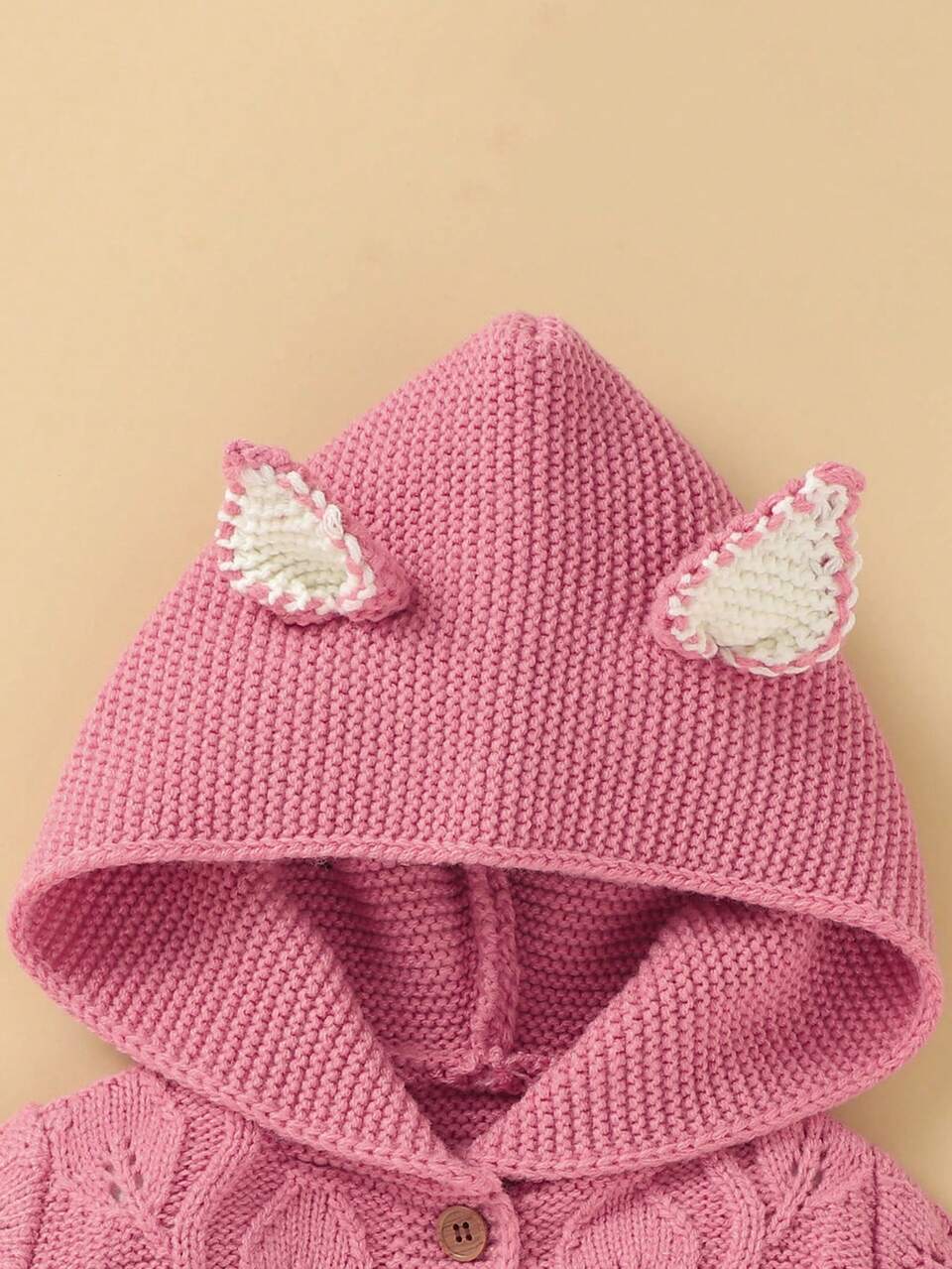 Baby Girl 3D Ear Design Button Front Hooded Cable Knit Jumpsuit Autumn Fall