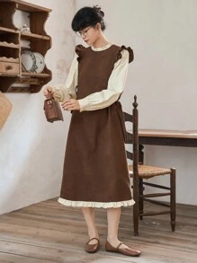FRIFUL Viền Ruffle Nút ven Váy 2 trong 1 - Màu Khaki - Xem 5