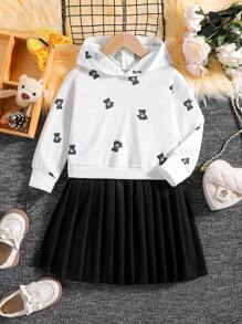 SHEIN Ragazzine Abito felpa con cappuccio con stampa orso orlo plissettato