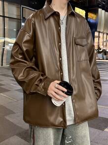 Manfinity Hypemode Men Flap Pocket Drop Shoulder PU Leather Jacket - Coffee Brown - View 6