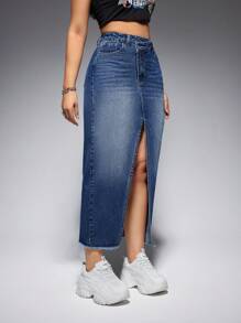 SHEIN EZwear 高腰毛邊牛仔半身裙 - 深色水洗藍 - 查看 6