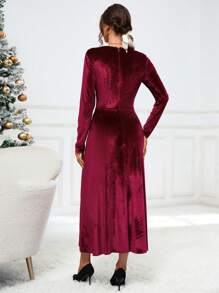 SHEIN Privé Nút phía trước Nhung Váy chữ A - Đỏ - Xem 2