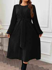 SHEIN Franclia Plus Lantern Sleeve Knot Front Dress - Black - View 3