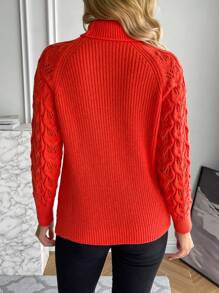 SHEIN LUNE 高領紐扣細節網眼針織插肩袖套頭毛衣 - 亮橙色 - 查看 2
