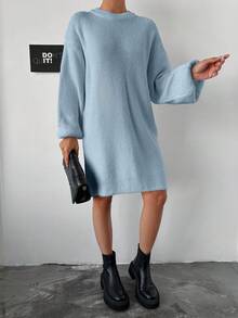 EURMUSE 女款圓領純色落肩毛衣連身裙 - 淺藍色 - 查看 3
