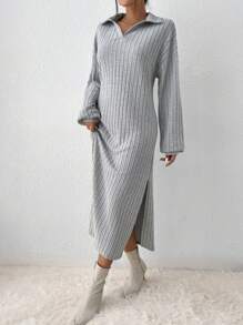 SHEIN Essnce 落肩袖高衩洋裝不附腰帶 - 灰色 - 查看 3