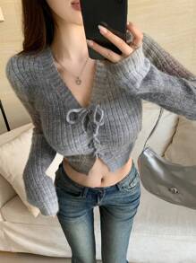 Dazy Star Áo khoác cardigan crop top buộc dây phía trước, quần áo nữ mùa thu - Nhiều màu - Xem 6