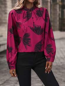 EMERY ROSE Butterfly Print Mock Neck Blouse - Purple - View 5