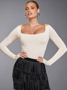 SHEIN BAE Solid Square Neck Slim Fit Bodysuit - Apricot - View 6