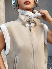 SHEIN EZwear 秋冬泰迪衬里拉链背心绒面革夹克 - 杏色 - 查看 6