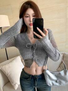Dazy Star Áo khoác cardigan crop top buộc dây phía trước, quần áo nữ mùa thu - Nhiều màu - Xem 8