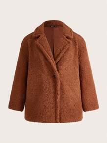 SHEIN BASICS Plus Lapel Neck Double Button Teddy Coat - Rust Brown - View 7