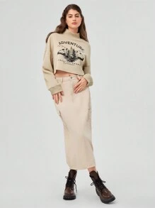 Forever 21 女士自然風景和口號印花半高領垂肩短開衫式運動衫 - 卡其色 - 查看 4