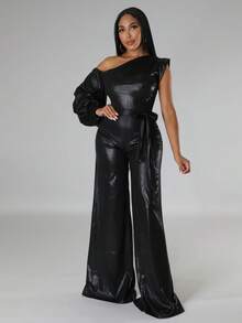 Asymmetrical Neck Lantern Sleeve Belted Party Jumpsuit - Black - View 5