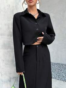 SHEIN EZwear 女士純色西裝外套和裙子套裝 - 黑色 - 查看 6