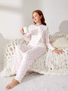 SHEIN 青少女花卉圖案t卹和長褲家居服裝 - 白色 - 查看 6