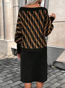 SHEIN Clasi Geo Pattern Batwing Sleeve Sweater & Knit Skirt Fall Cloth For Women - Black - View 2