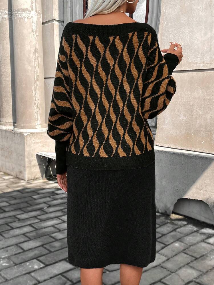 Geo Pattern Batwing Sleeve Sweater & Knit Skirt Fall Cloth For Women
