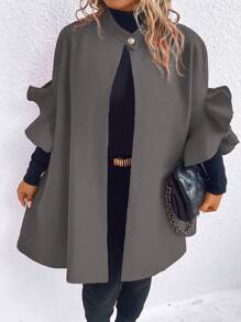 SHEIN Clasi Abrigo Gris De Talla Grande Con Diseño De Botón Y Mangas De Encaje - Gris Oscuro - Ver 3